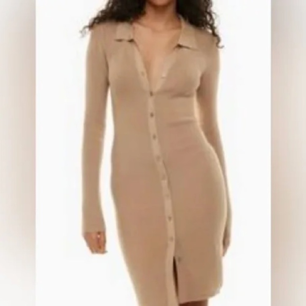 Beige Button-Up Knit Dress
